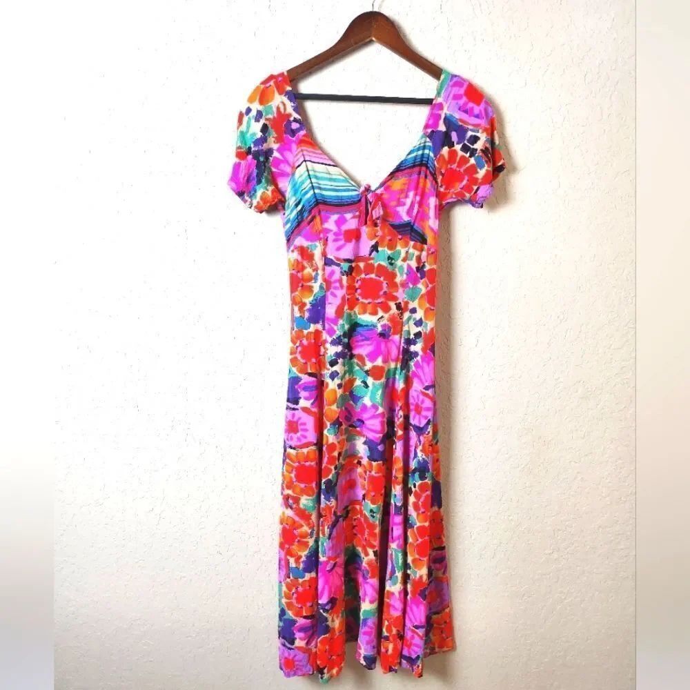 Vintage Jams World Hawaiian Front Tie Midi Short Sleeve Dress Size 7